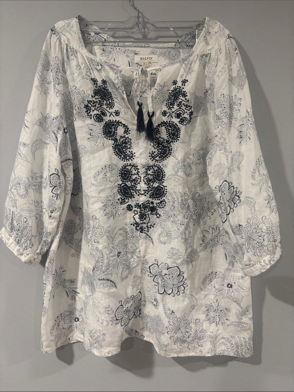 100% LINEN/MALVIN LOVE LINEN  BOHO PEASANT EMBROIDERED TOP SIZE L